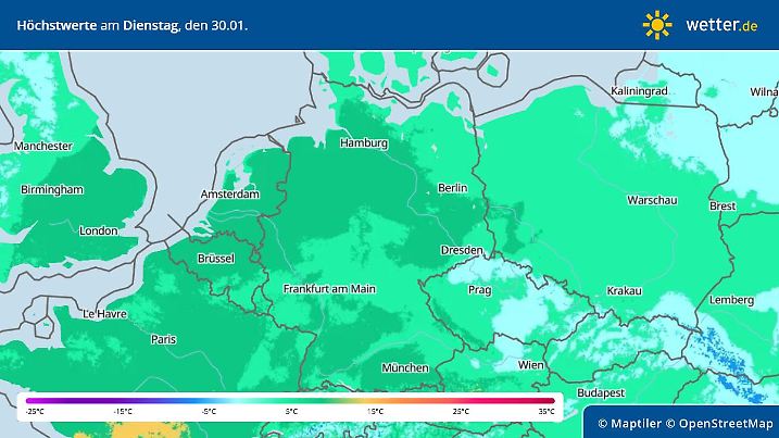 Die Grafik zeigt die Höchstwerte am Dienstag, 30.01.2024