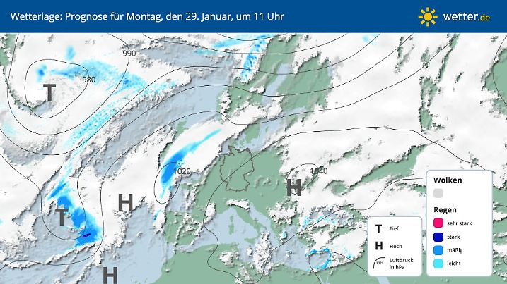 Wetterlage für Montag, 29. Januar, in Deutschland
