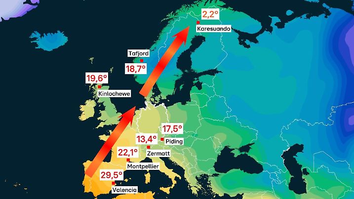 Europakarte mit den Stations- und Landesrekorden sowie exemplarischen Temperaturen der letzten Tage von Spanien bis Lappland. In Spanien wurden knapp 30 Grad, in Norwegen knapp 19 Grad gemessen. Selbst in Lappland herrscht Tauwetter.