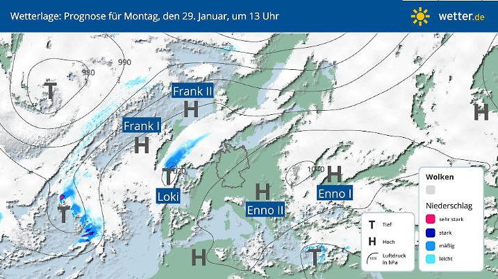 Aktuelle Wetterlage in Europa: Hoher Luftdruck brachte uns zuletzt viel Sonnenschein. Die Tiefs im Westen sorgen dazu für eine milde südwestliche Strömung, die bis nach Nordeuropa reicht.