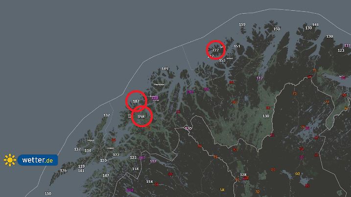 Spitzenböen vom 28. bis 30. Januar 2024 für Nordnorwegen. Bis 222 km/h sind an der Küste gemessen worden.