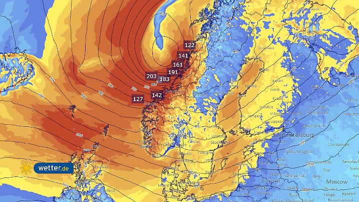 Orkan Ingunn in Norwegen: Windböen im Wettermodell ICON für Donnerstag, 01. Februar um 01 Uhr nachts: Teils sind um 200 km/h in den Berechnungen, an den Küsten rund 140 bis 190 km/h.