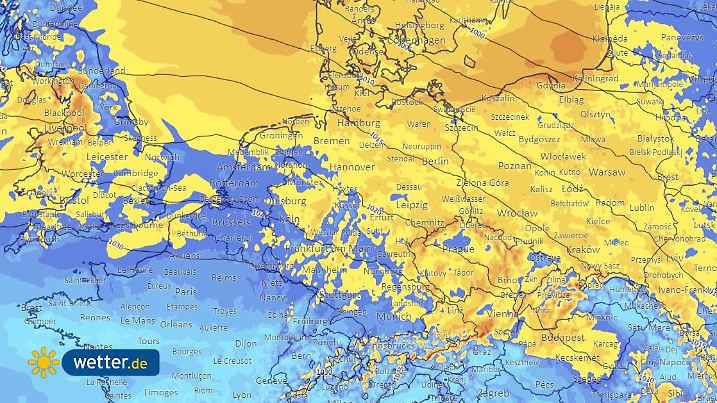 Karte mit maximalen Windböen in Deutschland am Wochenende. Die stärksten Böen gibt es an den Küsten und im Bergland, aber auch sonst wird man den kräftigen Wind deutlich spüren.