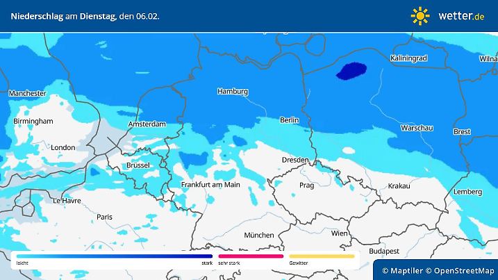 Die Grafik zeigt die Niederschläge am Dienstag, 06.02.2024