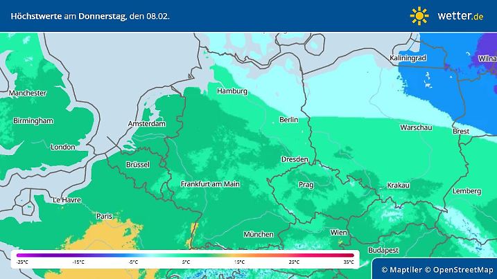 Die Grafik zeigt die Höchst-Temperatur am Donnerstag, 07.02.2024