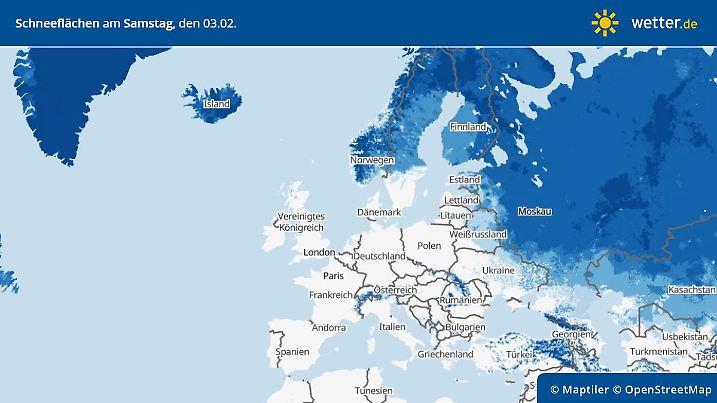 Die Grafik zeigt die Schneeflächen in Europa am Samstag, 03.02.2024
