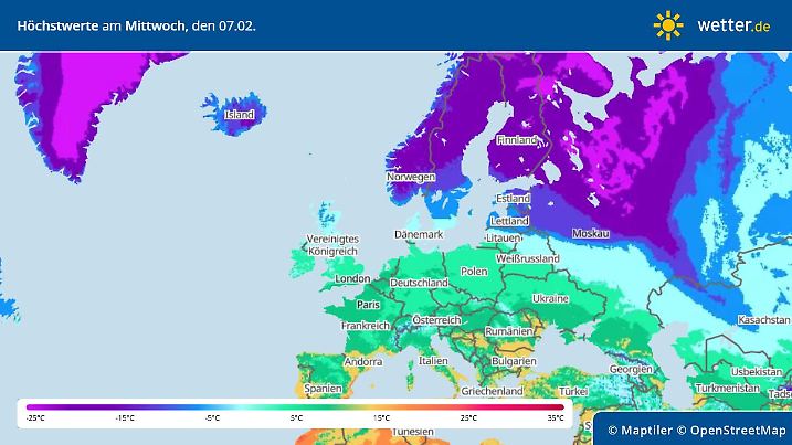 Europakarte mit den Höchstwerten für Mittwoch, 07. Februar: Im Norden ist es eisig mit zweistelligen Minuswerten. Bei uns ist es noch mild, im Süden Europas teils sogar sommerlich.