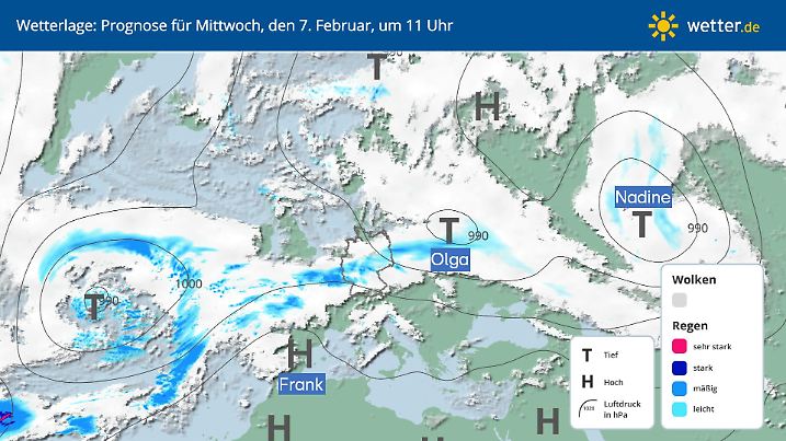 Europa-Wetterlage für Mittwoch, 07. Februar: Die Luftmassengrenze direkt über Deutschland, aufgespannt von einem Tief über dem Atlantik, Tief Olga in unserer Nähe und Tief Nadine im Osten.