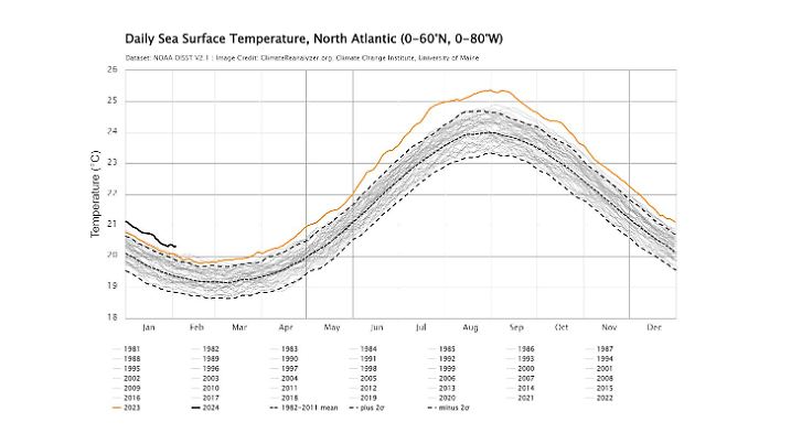 Gemittelte Temperatur der Meeresoberfläche des Nordatlantik: 2023 hat die alten Rekorde so deutlich übertroffen wie keine andere Kurve. 2024 übertrifft nun auch alles.