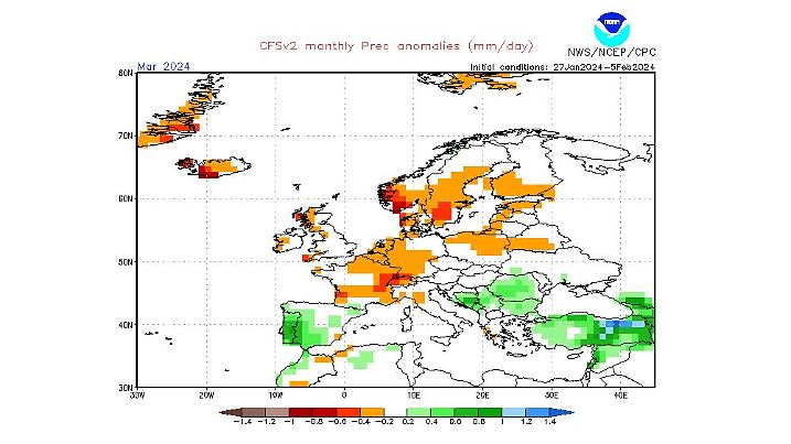 Berechnungen der NOAA für die Niederschläge im März in Europa. Über Mitteleuropa soll der März trockener als normal ausfallen.