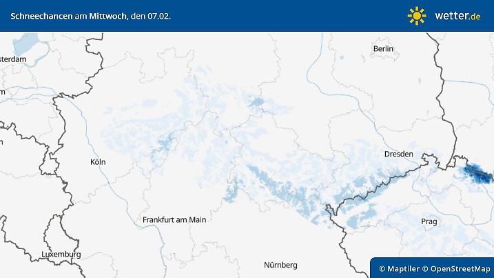 Schneewahrscheinlichkeit für Mitteldeutschland am Mittwoch, 07. Februar. Vom östlichen Bergland NRWs bis nach Sachsen kann es mal weiß werden, besonders in den höheren Lagen.