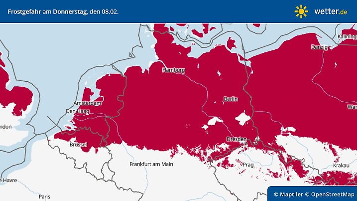 Frostgefahr für Deutschland am Donnerstagmorgen: Die gesamte Nordhälfte von Deutschland ist rot. hier droht Glätte.