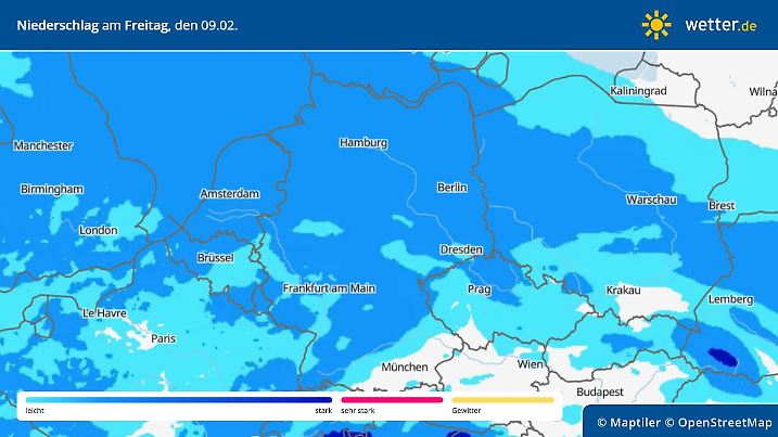Niederschlag in Deutschland für Freitag, 09. Februar. Bis auf den äußersten Südosten wird es überall sehr nass bzw. im Nordosten auch weiß.