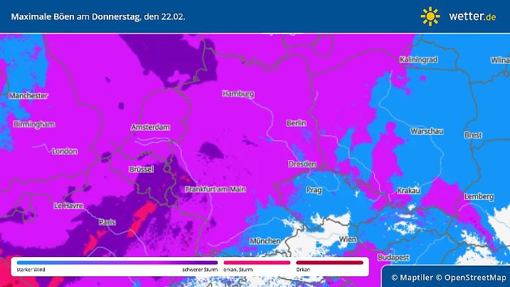 Windgeschwindigkeiten am Donnerstag, 22. Februar, in Deutschland
