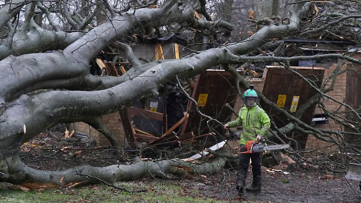 23.01.2024, Großbritannien, Larbert: Arbeiter entfernen einen Baum, der während des Sturms «Isha» am Sonntag auf ein Umspannwerk auf dem Kinnaird-Anwesen in Larbert gestürzt ist. (zu dpa: «Nach Sturm «Isha» rüsten sich die Britischen Inseln für «Jocelyn»») Foto: Andrew Milligan/PA Wire/dpa +++ dpa-Bildfunk +++