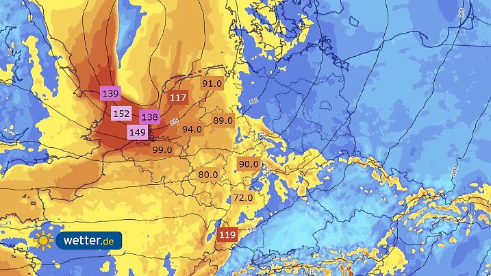 Windböen des deutschen Wettermodells ICON: Am Kanal sind gegen 1.00 Uhr in der Nacht zu Freitag um 150 km/h möglich.