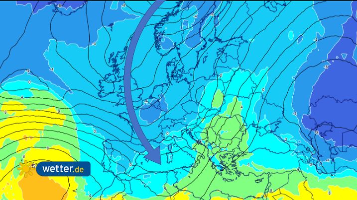 Europakarte mit Luftmassentemperaturen: Die Kaltluft rauscht nach dem Tief bis weit in den Süden Europas und erreicht sogar Nordafrika.