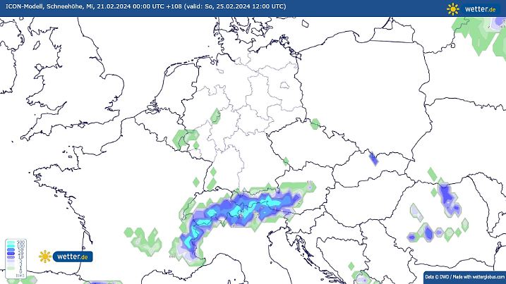 Schneehöhe am Sonntagabend nach ICON-Modell: Häufig bleibt nichts liegen. In den westlichen Mittelgebirgen und in den Alpen wird es aber wohl weiß, bzw. noch weißer.