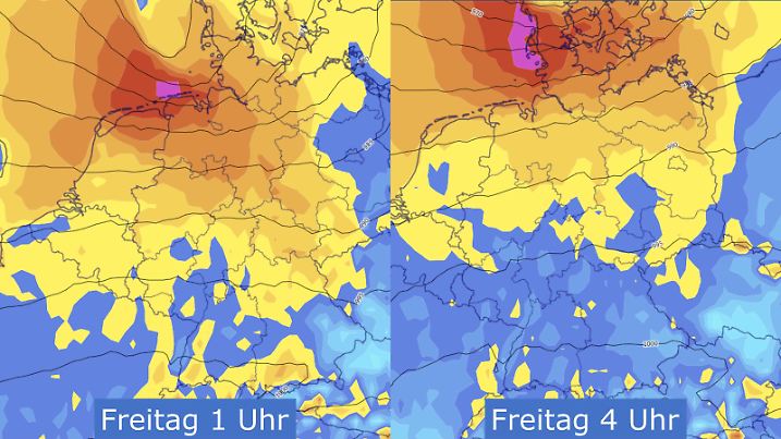 Deutschlandkarte mit Sturmböen für die Nacht zu Freitag für 1 Uhr und 4 Uhr. Es drohen vor allem an der Nordsee Orkanböen bis 160 km/h!