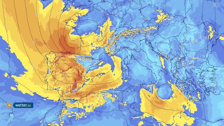 Windböen für Sonntagnachmittag für Südeuropa. Von der Biskaya bis nach Nordafrika und im südlichen zentralen Mittelmeer gibt es Sturm, im Bergland teils Orkan.