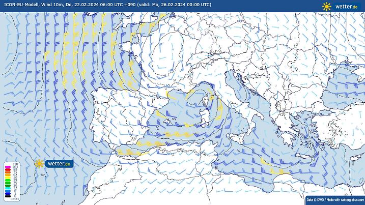 Wetterlage in der Nacht zu Montag: Das Tiefzentrum liegt über dem Golf von Genua. Damit wird die Luft aus Nordwest am spanischen Bergland ausgepresst. Gleiches gilt für die Südströmung, die in Richtung Alpen zeigt.