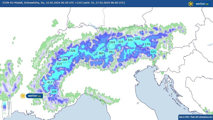 In den Alpen türmt sich am Am Dienstag der Schnee. In den hohen Lagen der West- und Südalpen gibt es häufiger 3 bis 4 Meter Schnee, in manchen Staulagen gibt es noch mehr.