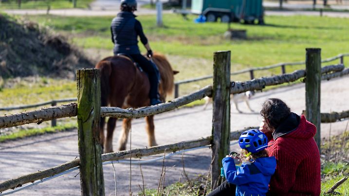 03.03.2024, Nordrhein-Westfalen, Düsseldorf: Vater und Sohn machen am Rande eines Weges eine kleine Picknick-Pause und schauen zu einer Reiterin auf ihrem Pferd. Die Menschen in NRW können am Sonntag noch einmal frühlingshaftes Wetter genießen, bevor es zu Beginn der neuen Woche wieder grau und ungemütlich wird. Wie eine Meteorologin des Deutschen Wetterdienstes (DWD) am Sonntag sagte, erreichen die Temperaturen heute zwischen 14 und 17 Grad. Im Westen des Landes können dabei noch ein paar Wolken hervorkommen, wohingegen es im Osten meist heiter bis sonnig bleibt. Foto: Christoph Reichwein/dpa - ACHTUNG: Nur zur redaktionellen Verwendung im Zusammenhang mit der aktuellen Berichterstattung und nur mit vollständiger Nennung des vorstehenden Credits +++ dpa-Bildfunk +++