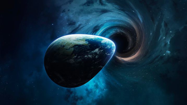 Black hole and Earth. Abstract space wallpaper. Universe filled with stars, nebulas, galaxies and planets. Elements of this image furnished by NASA