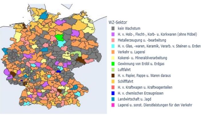 Übersicht der prozentualen Zunahme der CO2-Emissionen in Deutschland, grau sind die Regionen, die keinen Rückgang vermerken, in bunt die Regionen mit einer Zunahme der CO2-Emissionen. Die Farben beschreiben die verschiedenen Wirtschaftssektoren