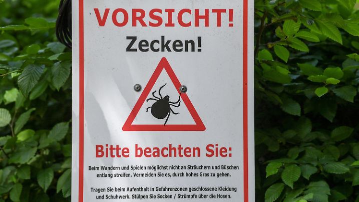 ARCHIV - 27.06.2021, Brandenburg, Chorin: "Vorsicht! Zecken!" steht auf einem Warnschild im Biosphärenreservat Schorfheide-Chorin. (zu dpa: «Gefahr durch Zecken - Zwei neue FSME-Risikogebiete ausgewiesen») Foto: Jens Kalaene/dpa-Zentralbild/dpa +++ dpa-Bildfunk +++
