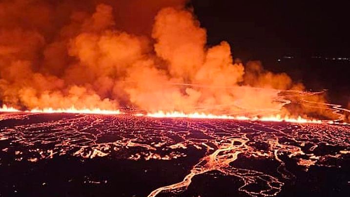 This image provided by Iceland Civil Defense shows lava erupting from a volcano between Hagafell and Stóri-Skógfell, Iceland, on on Saturday, March 16, 2024. (Iceland Civil Defense via AP)