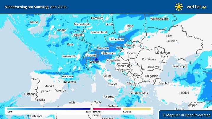 Wetterkarte mit erwarteten Regenschauern am Wochenende vor Ostern über Europa