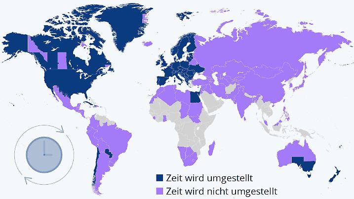 Karte mit Ländern und Regionen, die eine bzw. keine Zeitumstellung vornehmen.