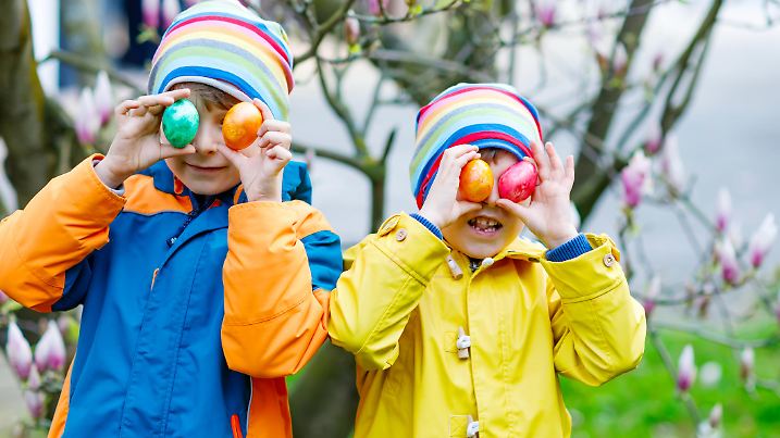 Two little kids boys and friends making traditional Easter egg hunt in spring garden, outdoors. Siblings having fun with finding colorful eggs. On cold day. Old christian and catholoc tradition