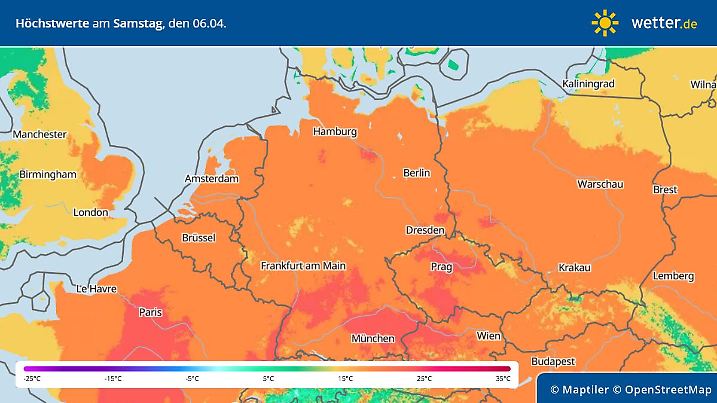 Prognose und Vorhersage Höchstwerte am Samstag, 6. April 2024