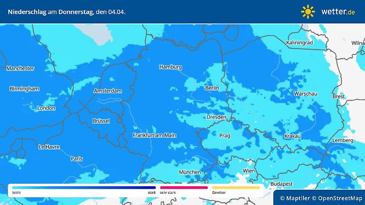 Die Wetterkarte zeigt die Niederschläge am Donnerstag, den 04. April 2024.