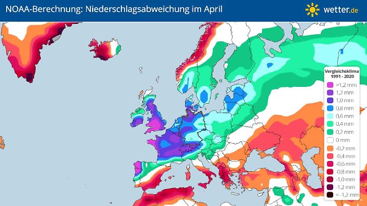 Die Karte zeigt die Niederschlagsabweichungen für April 2024 nach Berechnungen der NOAA.