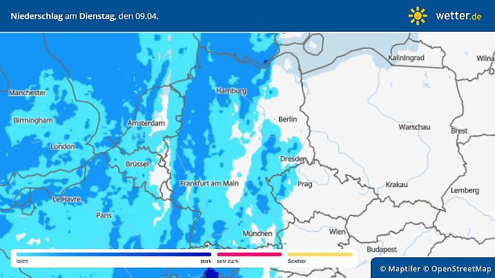 Niederschlag am Dienstag, 9. April, in Deutschland