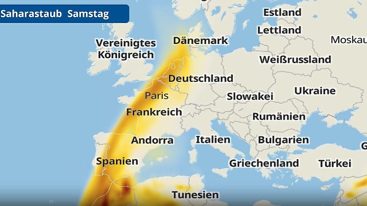 Die Karte von Europa zeigt die Verteilung und Einflussgebiete des Saharastaubes in der Luft.