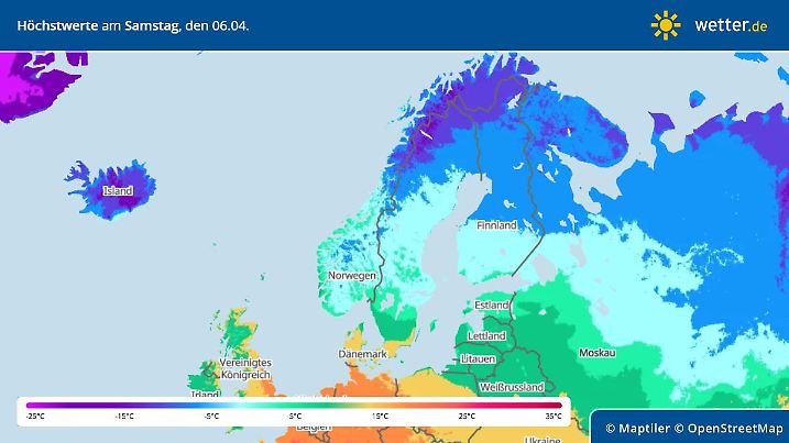 Die Wetterkarte zeigt sehr kalte Höchsttemperaturen über Nordeuropa am Samstag, den 06. April.