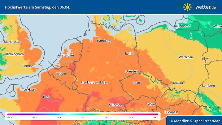 Die Wetterkarte zeigt die erwarteten Höchsttemperaturen in Deutschland am Samstag, den 06. April. Mehr als 28 Grad sind möglich.