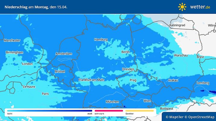 Die Wetterkarte zeigt die Niederschläge in Deutschland am Montag, den 14. April.