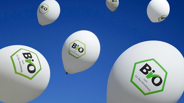 Luftballons mit Bio-Reklame Luftballons mit Bio-Reklame, 21.09.2023, Borkwalde, Brandenburg, Vor einem blauen Himmel befinden sich Luftballons mit Bio-Reklame. *** Balloons with organic advertising Balloons with organic advertising, 21 09 2023, Borkwalde, Brandenburg, Against a blue sky are balloons with organic advertising