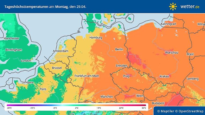 Die Karte zeigt die Höchsttemperaturen in Deutschland Ende April.
