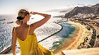 Amazing place to visit. Woman looking at the landscape of Las Teresitas beach and San Andres village, Tenerife, Canary Islands, Spain. Tourism. Vacation. Travel.
