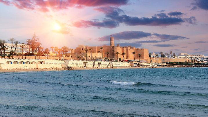 Beautiful view of the ancient Ribat fortress at sunset. Tunisia, Monastir. Mediterranean Sea.