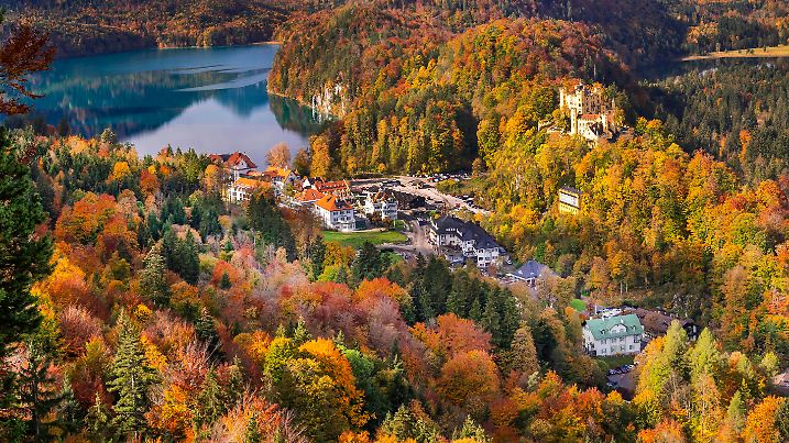 Hohenschwangau Castle View from Neuschwanstein Castle,19th Century Neo-Romanesque Neo-Gothic Style Palace, Schwangau, Füssen, Ostallgäu, Bavaria, Germany, Europe
