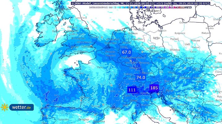 Regensummen in Mitteleuropa bis Freitagabend 24 Uhr