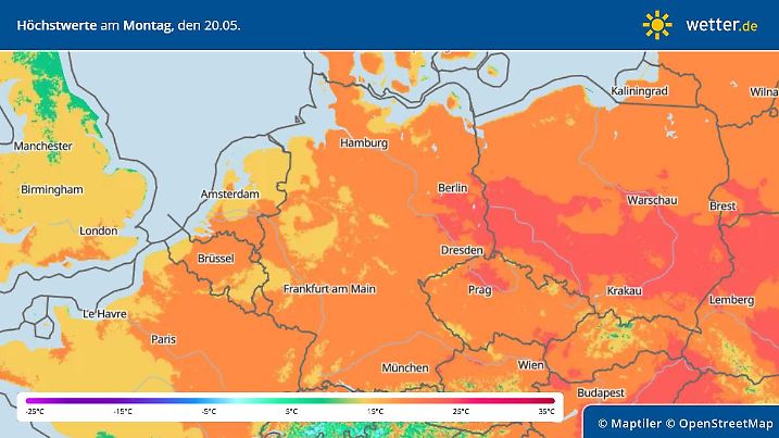 Die Grafik zeigt die Temperaturen in Deutschland am Pfingstmontag.