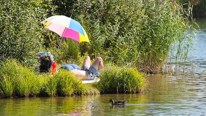 ARCHIV - 23.08.2016, Hamburg: Ein Mann liegt in Hamburg an einem Badesee unter einem Sonnenschirm. (zu dpa: «Wasserratten können in Hamburger Badeseen und Naturbäder hüpfen») Foto: Daniel Bockwoldt/dpa +++ dpa-Bildfunk +++